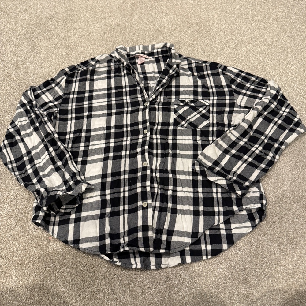 Victoria's Secret Dream Pajama Top Shirt Black White Long Sleeve Button Front M